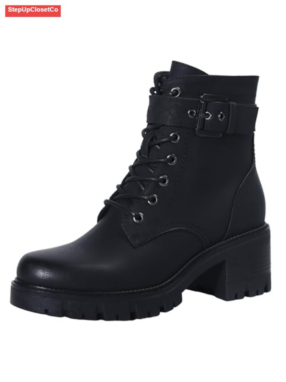 Women's Classic Lace-Up Combat Boots with Side Zipper, Chunky Mid Heel,